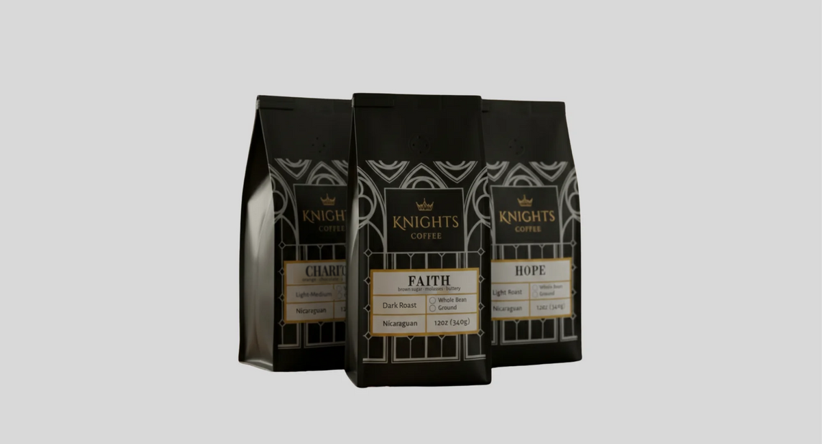 Three 12 oz bags of Knights Coffee — Charity, Faith and Hope