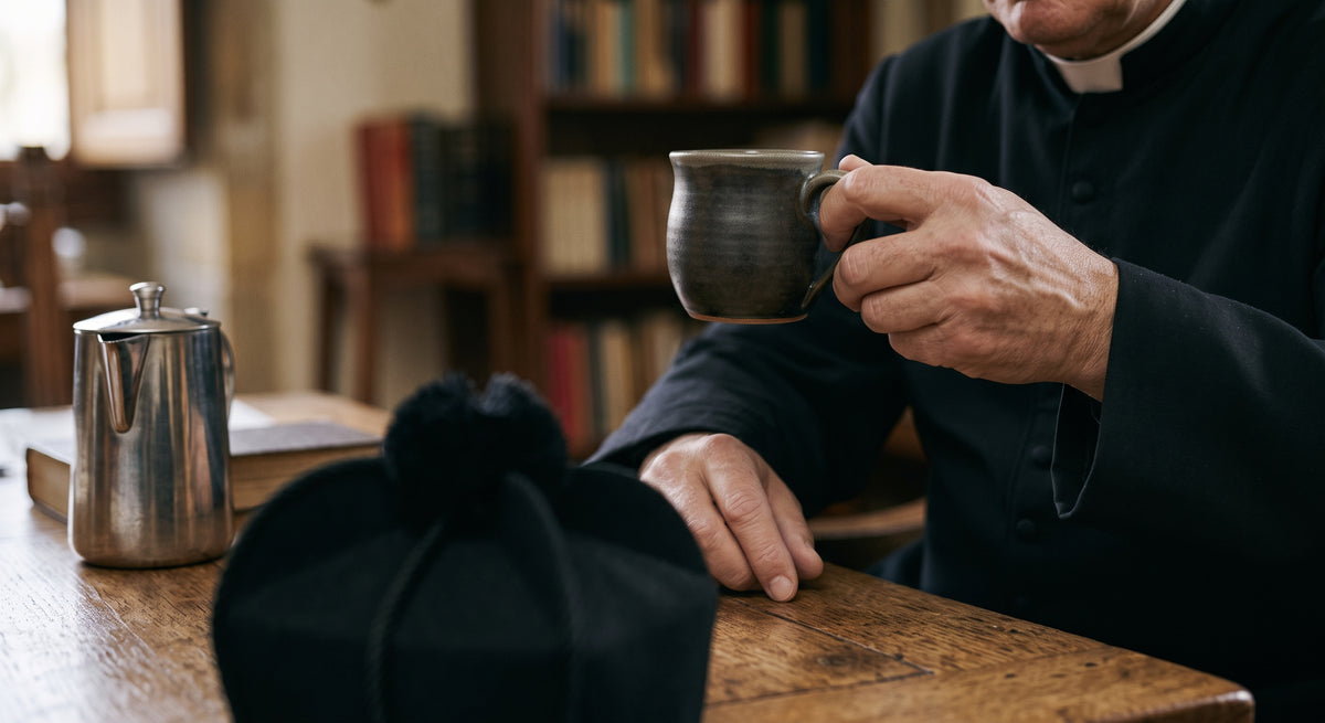 A priest with Knights Coffee — 100% of profits support seminarians in need