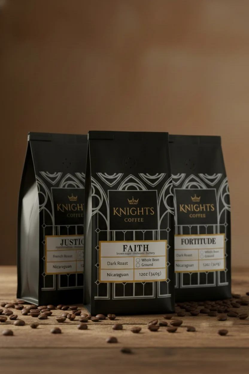 The Dark & Bold Trio — three 12 oz bags of Knights Coffee: Faith, Fortitude and Justice
