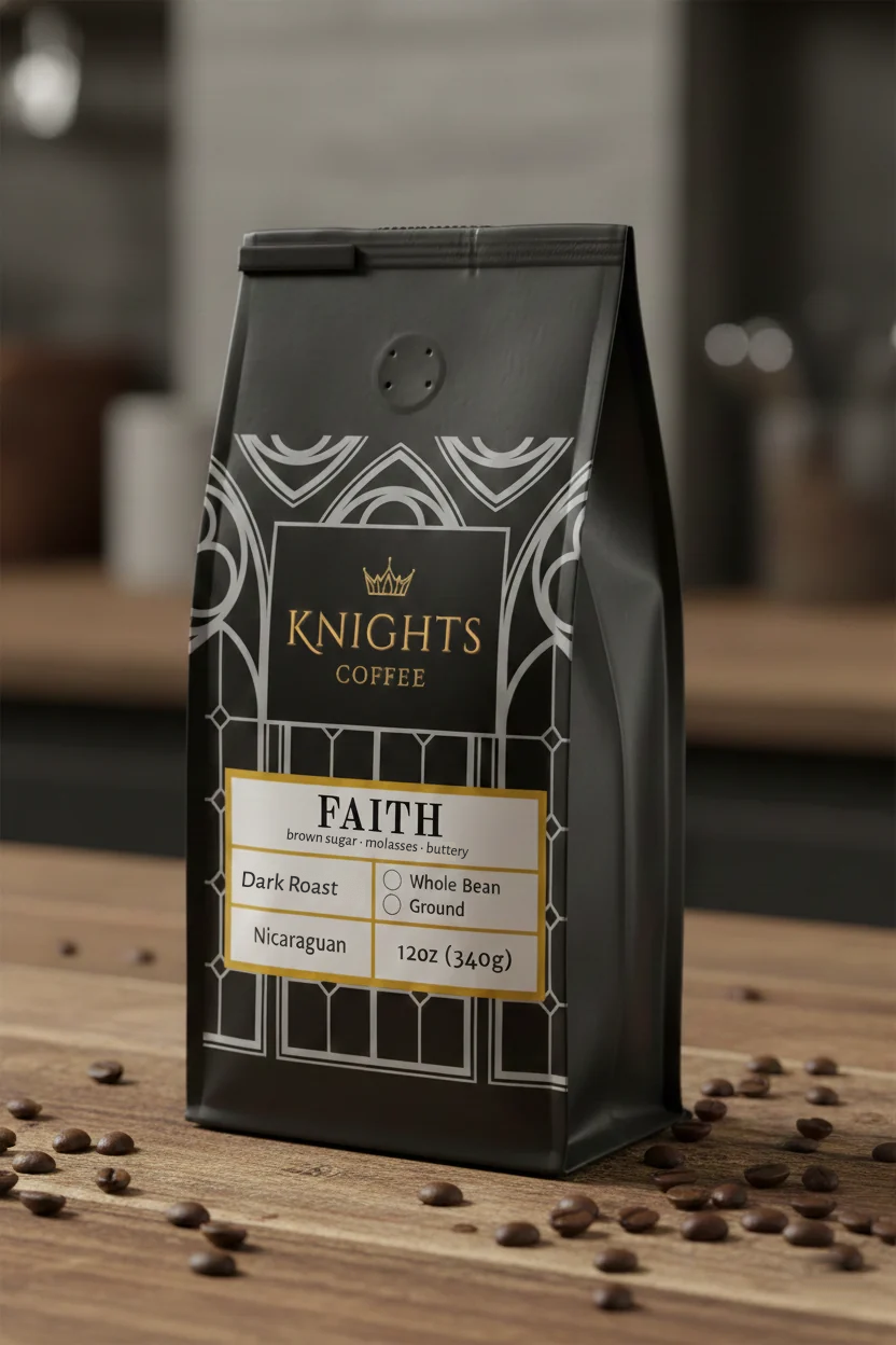 Knights Coffee Faith — dark roast, Agtron 45, 12 oz bag