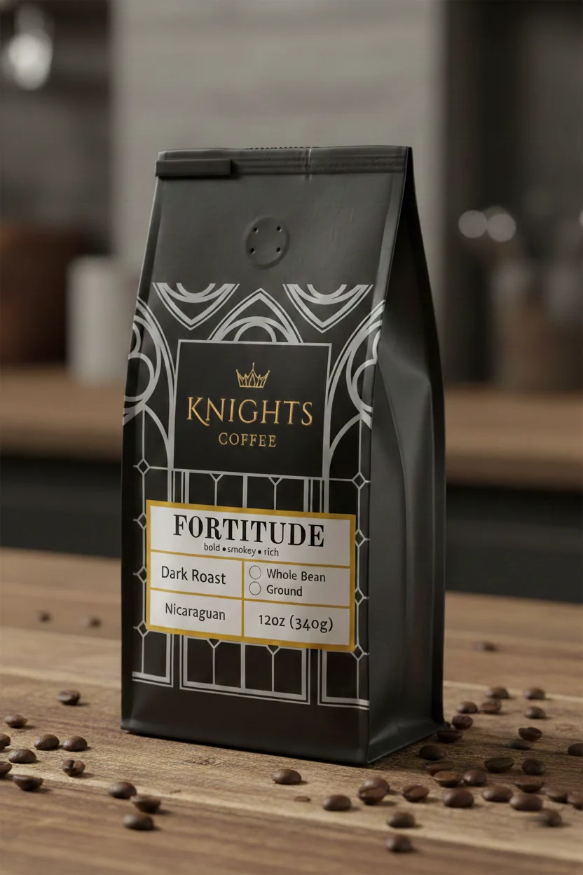 Knights Coffee Fortitude — dark roast, Agtron 35, 12 oz bag