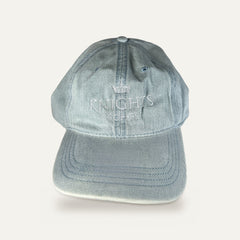 Knights Coffee light denim dad hat with tone-on-tone crown embroidery, front view