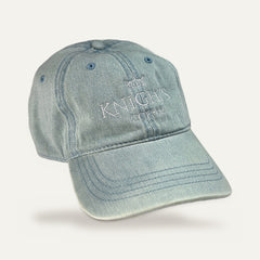 Knights Coffee light denim dad hat with tone-on-tone crown embroidery, three-quarter view